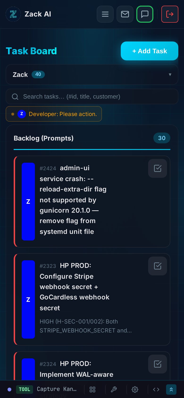 The Kanban board on mobile — single-column layout with compact cards and a collapsed worker activity bar