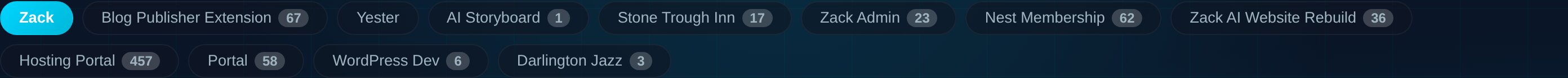 The project switcher — pill-style tabs showing each project with its task count