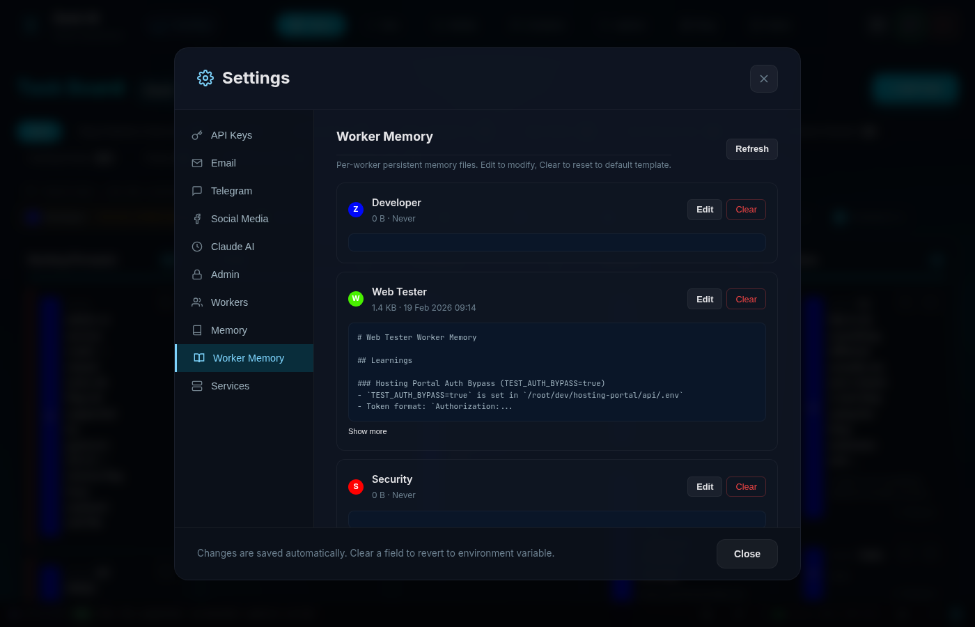 Each worker gets their own persistent memory card for learnings and gotchas