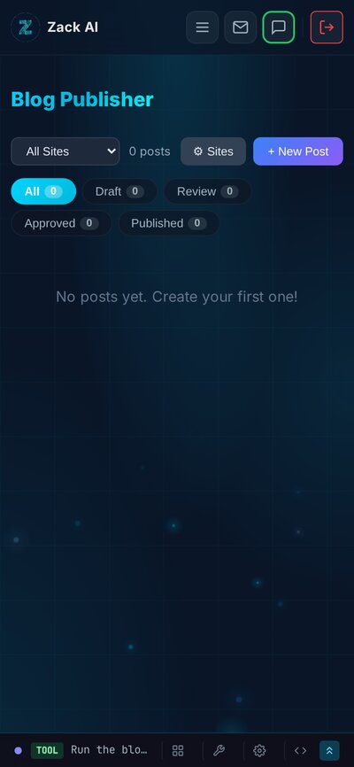 Blog Publisher on mobile — fully responsive management interface