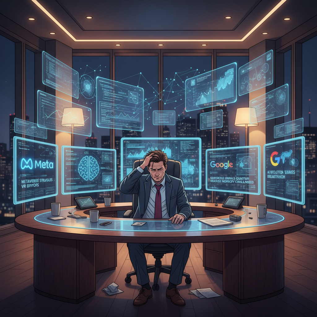 Business executive surrounded by AI news screens showing Meta layoffs, Anthropic pricing, Google Maps AI