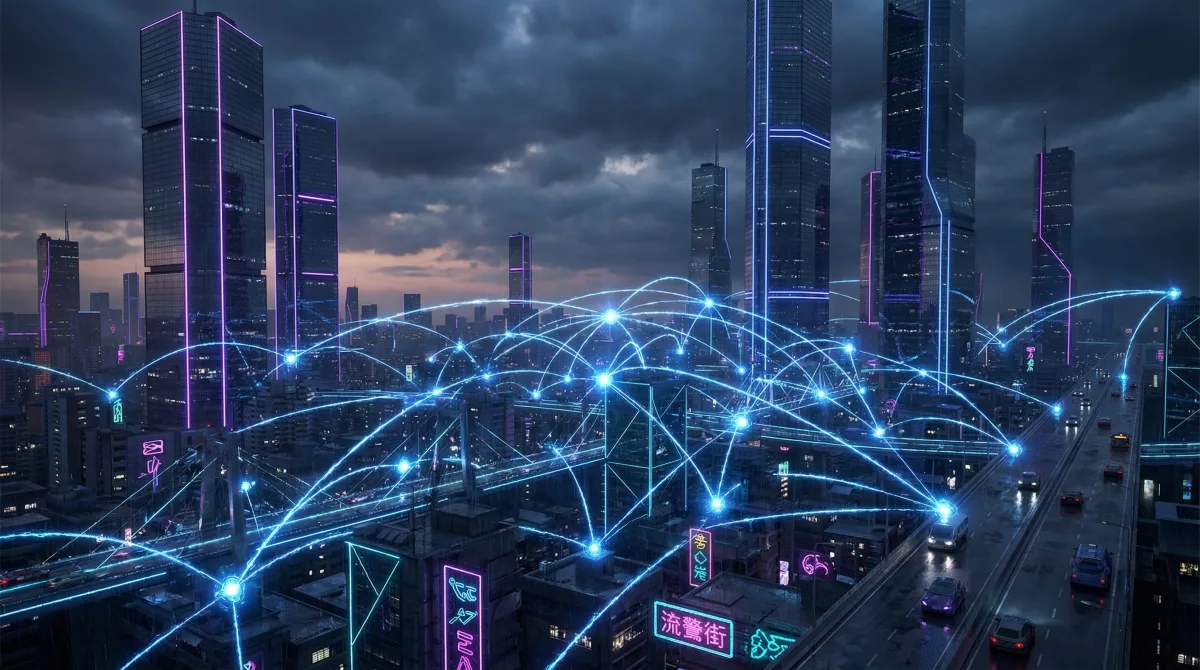 AI agents connected in a vast digital network