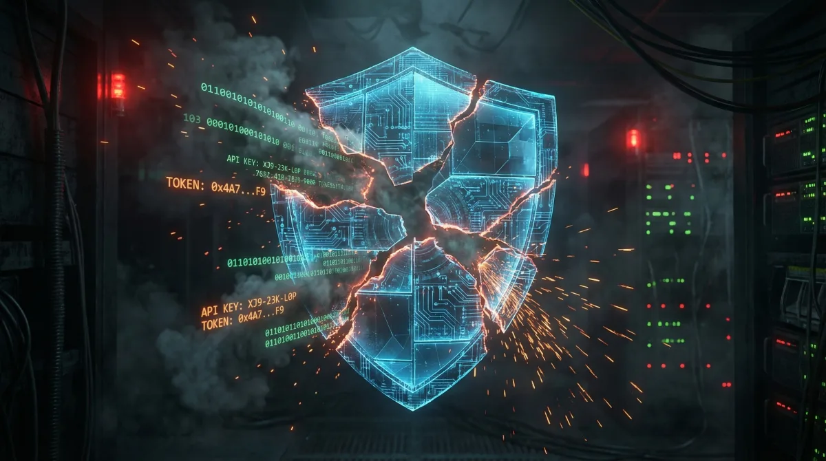 A cracked digital shield representing the Moltbook security breach