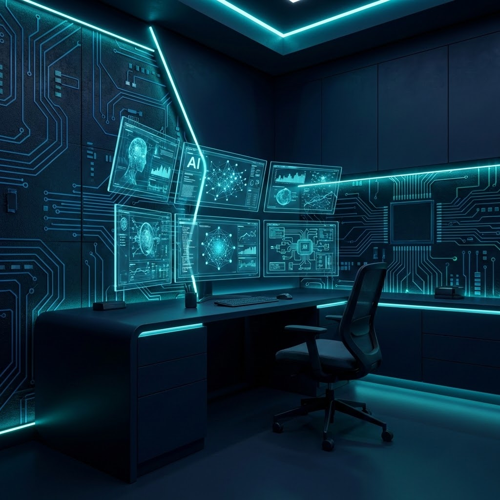 Zack AI futuristic workspace with holographic displays