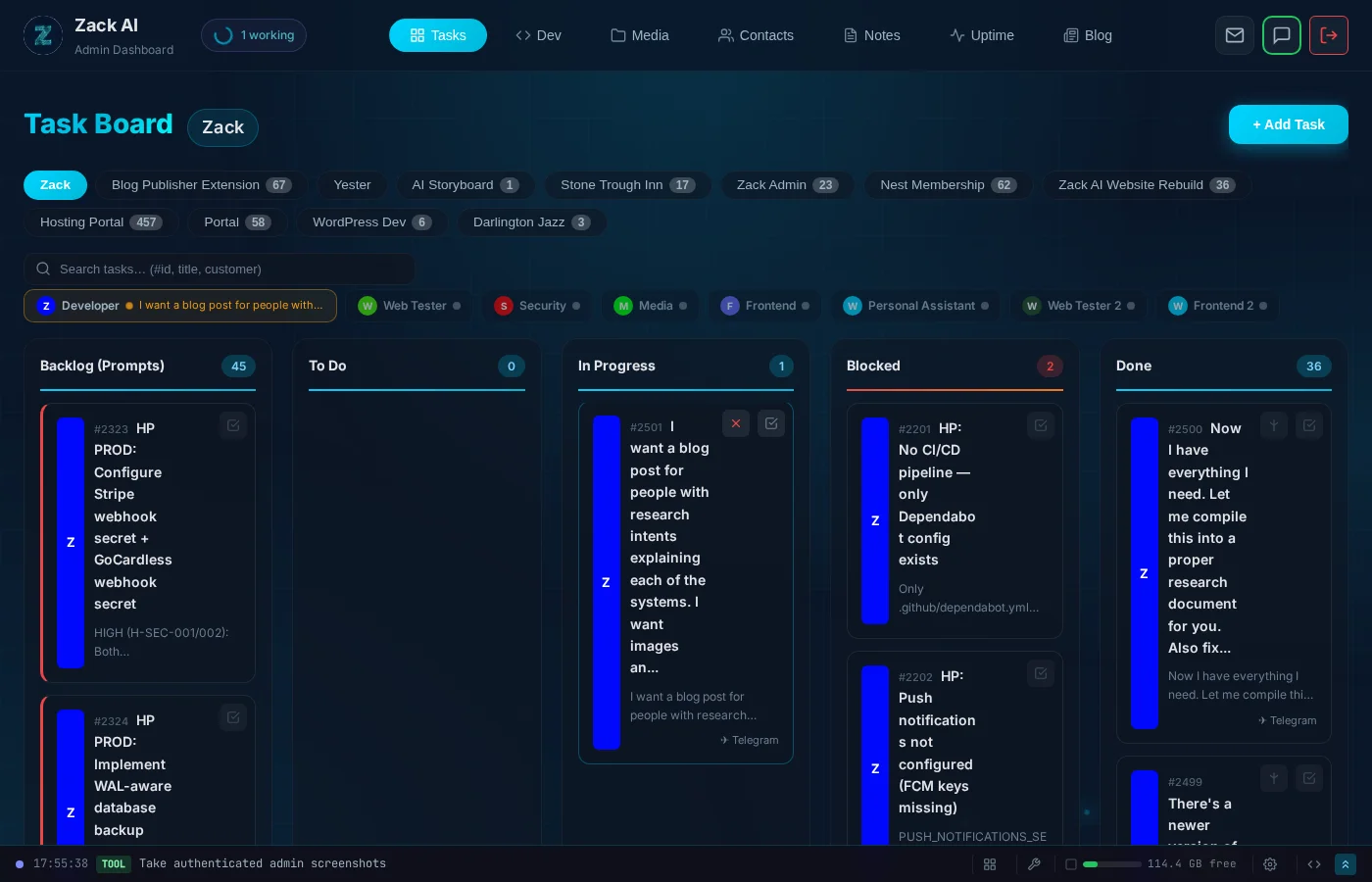 ZackBot AI Dashboard — full visibility across all workers and tasks