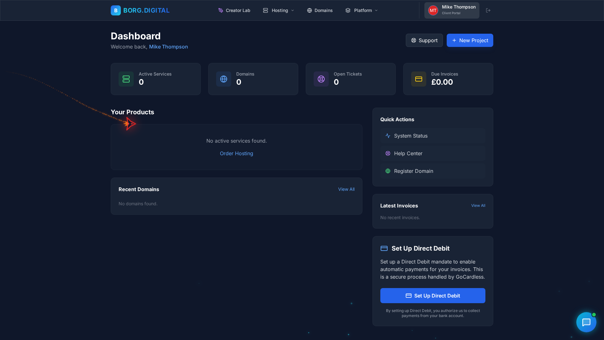 Client Portal Dashboard - Services, domains, billing, and quick actions